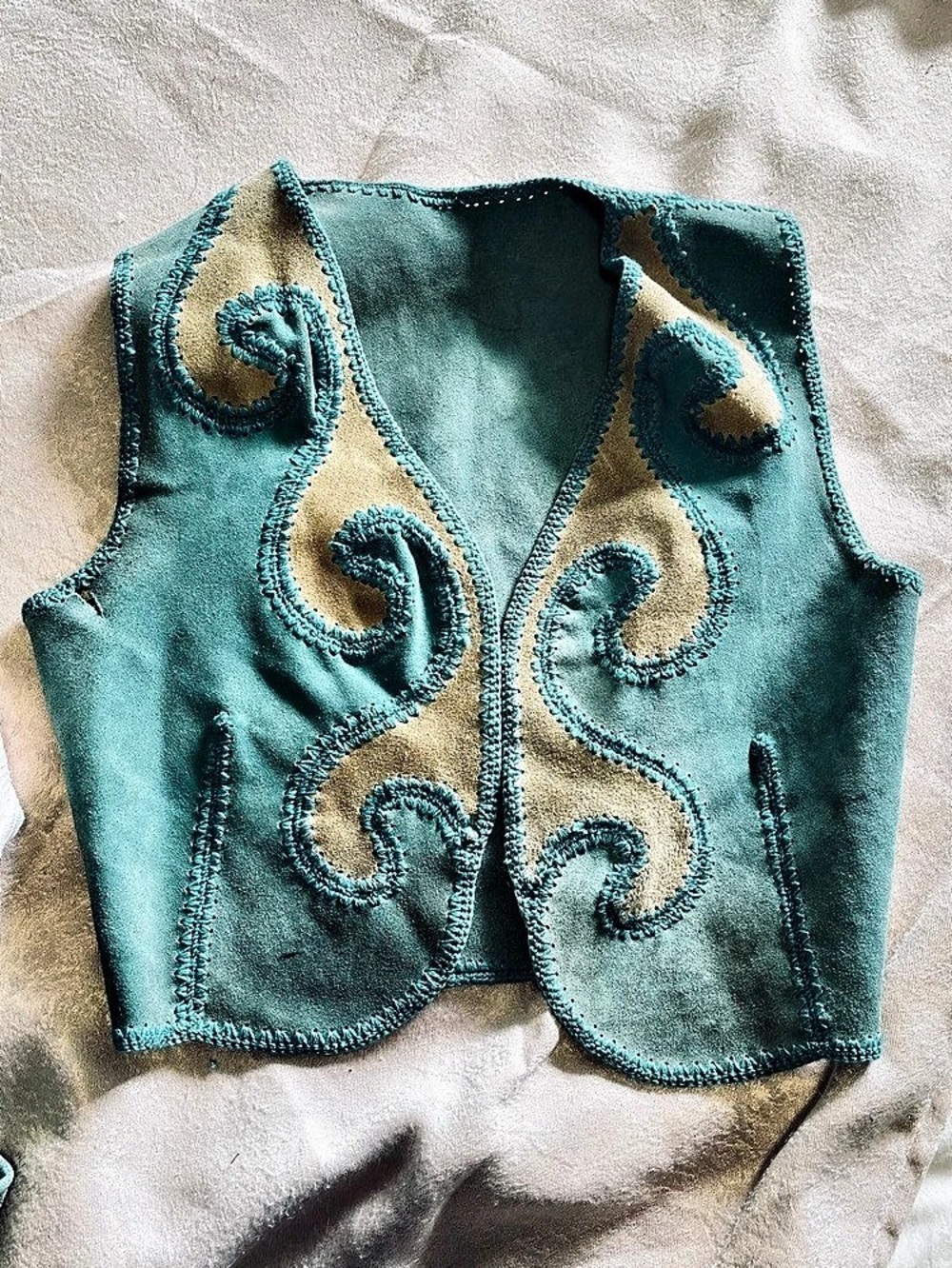 Vintage Embroidered Suede Skirt & Matching Vest in Blue & Cream